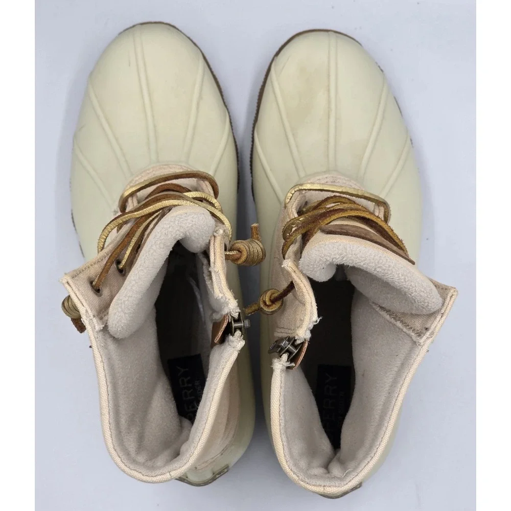 Sperry Waterproof Duck Booties Saltwater Canvas Oat/Gold‎ STS80493 Wmns Size 9